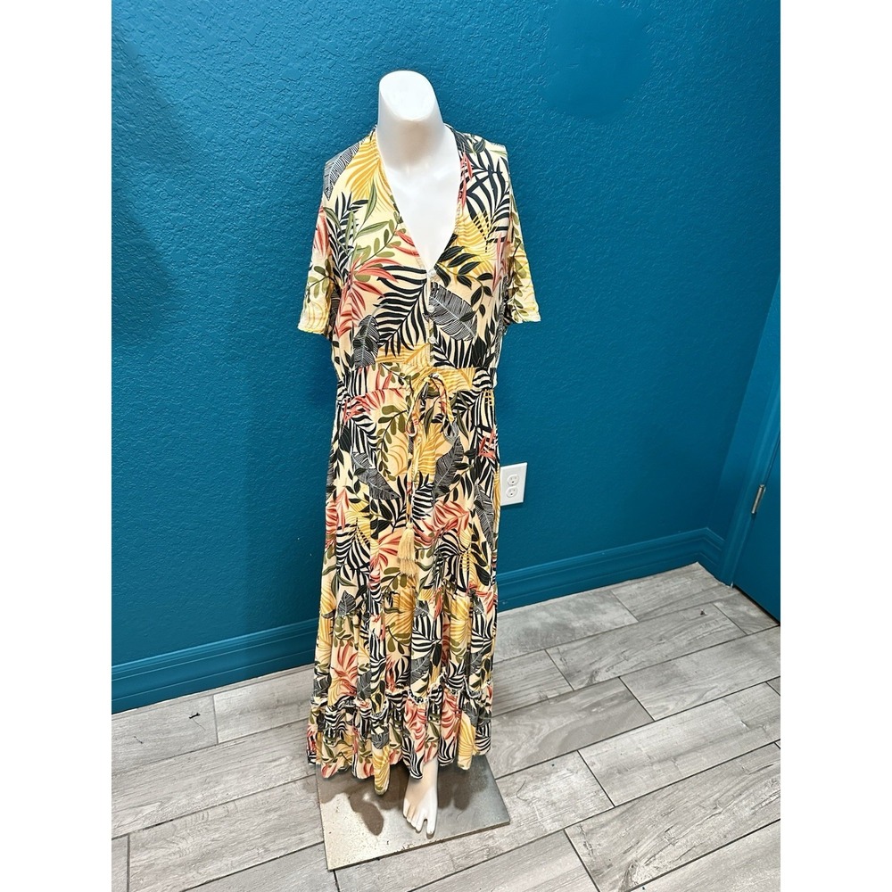 Sunday Mi Amor Maxi Womens Dress‎ Sz M Ruffle Boho Tropical Palm Leaves